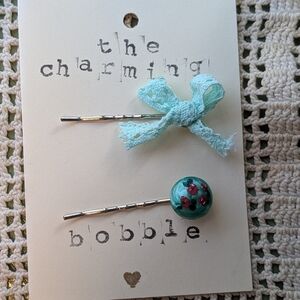 Hand Crafted Aqua Bow and Floral Hair Pin Set